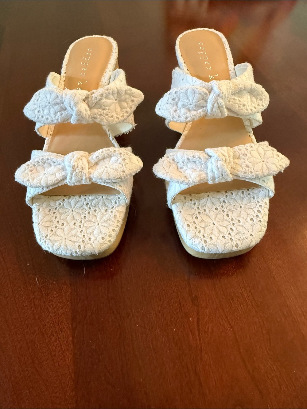 Copper Key White Lace Bow Slide Sandals